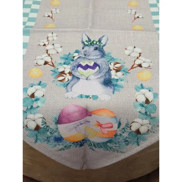 ALAGEO Easter Bunny Table Runner Teal Checkered Cotton Bolls 13x70 - Picture 2 of 3